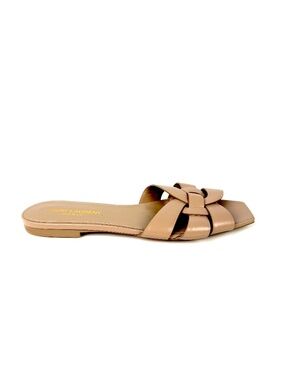 Saint Laurent Tribute Neutral Beige Calfskin Leather Slip on Slide Sandals 37
